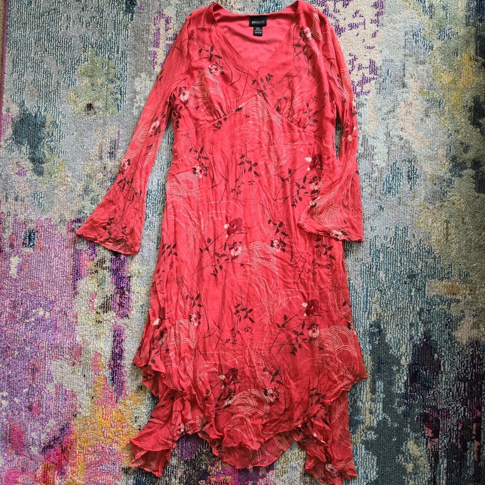 Lane Bryant Silk Floral Midi Asymmetrical Hemline Long Sleeved
